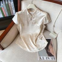 Women's Pink & Light Apricot Frog Button Stand Collar Top with Heavy Jacquard - Chinese Style Luxury Blouse 4XL rožinė