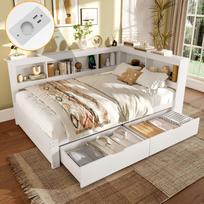 Dieninė sofa, 140 x 200 cm, Sofa-lova, su dviem stalčiais, Su elektros lizdu ir 2 USB prievadais, Lova su groteliniu rėmu (be čiužinio), Drožlių plokštė, Balta 219 x 167 x 90 cm balta