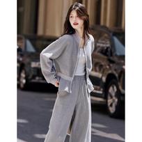 Women's Lace Patchwork Top & Wide-Leg Pants Set M pilka