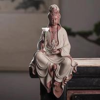 Zisha Guanyin Zen Statue Decorations, Ceramic Buddha Statues with Bodhisattva Sitting, Classical Chinese, Creative, 1Pc 1pc gray