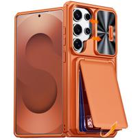 RFID Wallet Phone Case with 3–4 Card Holder Sliding Lens Cover for Samsung Galaxy S25 Ultra-Champag oranžinė