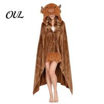 Cozy Air Conditioning Blanket Halloween Wearable Hoodie, Hooded Highland Cow Cape, Soft Large Throw Plush Sloth Black Cat Cloak for Women Home One Size B brown