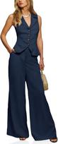 Womens Two Piece Blazer Vest And Wide Leg Pants Set Sleeveless Button Work Office Outfit S tamsiai mėlyna