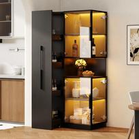 Vitrina 70×38×160 cm su ištraukiama lentyna – dvigubo stiklo grindinė vitrina LED, svetainei, valgomajam, virtuvei 70 x 38 x 160 cm juoda