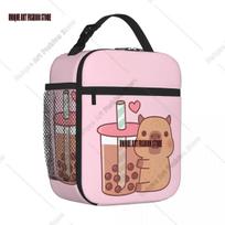 Cute Little Capybara Hugs Bubble Tea Insulated Lunch Bags Lunch Container Thermal Bag Tote Lunch Box Beach Travel Food Bag One Size black