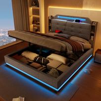 Upholstered Bed, 140*200cm, With LED Light Strip, Hydraulic Storage, Multiple Storage Compartments, without Mattress, USB + TYPE-C, Linen, Grey 216 x 141 x 115 cm pilka