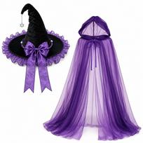 Satininio kaspinėlio Helovino raganos kepurės ir apsiausto rinkinys Su gobtuvu Tinklinis Lolita Cosplay Burtininko kepurė Moterų vakarėliui purple