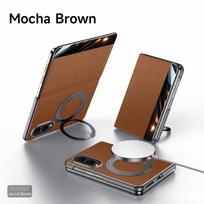 Skirta Samsung Galaxy Z Fold 8 / Fold 8 Ultra prabangus natūralios odos magnetinis dėklas su metaliniu žiedu laikikliu, stoveliu, langelio vaizdu, atverčiamas dangtelis Galaxy Z Fold 8 ruda