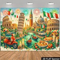 2D Vibrant Italian Culture Landmarks & Food Backdrop Aesthetic Photo Prop 47.2x31.5inch/120*80cm beige