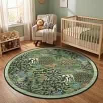 Green Jungle Round Rug Vibrant Animals Tigers Elephants Zebras for Nursery or Living Area 60cmx60cm gray