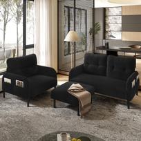 Velvetinis 3 dalių komplektas: Fotelis + Pufas + 2 vietų sofa su šonine kišene Plieninė konstrukcija ir atlošas Gili sėdynė Modulinis svetainei, Juodas juoda
