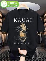 Unisex's Vintage Hawaiian Surf Shirt - Heavyweight Tee With Tropical Palm Tree, Sun & Island Design S gray