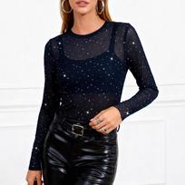 European and American autumn new sexy Spice Girls T-shirt, mesh see-through shirt, sequined decorative top for women S juoda