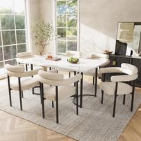Dining Table and Chair Set, Design Table Legs of Metal, Including 6 Hollow Armchairs of Cream-Colored Suede Fabric, Suitable for Restaurants