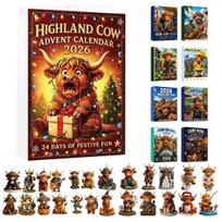 Winter Holiday Countdown Calendar 2026 Highland Cow Advent Calendar, 2D Flat Acrylic Unique Christmas Ornament Series Ornaments, 24 Days Gift for Cows A blue