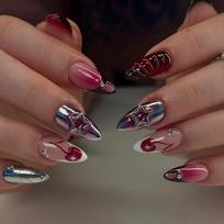 24PCS Y2k Red Blush Almond Press on Nails Art 3D Metallic Star Cherry French Decoration Fake Nails for Women Wearable Full Cover brown