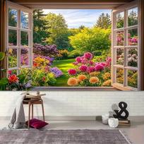 2D Spring Flower Garden View from Window Backdrop Photography Background Banner 47.2x31.5inch/120*80cm black