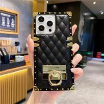 Madingas rombo formos paauksuotas odinis telefono dėklas, skirtas iPhone 16 15 Pro Max 14 Plus 13 12 11 XR, su žiedu For iPhone 14 Pro juoda