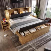 Dvigulė lova 160 x 200 cm Medinis sulankstomas galvūgalis Pagamintas iš lino Du naktiniai staliukai Suolas su daiktadėže USB skaitymo lempos Lovos grotelės Ąžuolo spalvos be čiužinio 250 x 250 x 105 cm