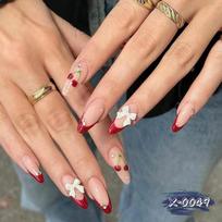 24Pcs Red French Almond Press On Nails 3D Bow Cherry Rhinestone Design Medium Length False Nail Tips brown
