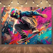 Doodle Skateboard Boy - Polyester fiber photo background cloth and party banner, two-dimensional design 59x51.1inch/150*130cm black
