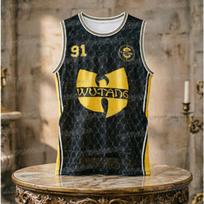 Wu-Tang Clan Krepšinio marškinėliai # 91 Spausdinimas Be rankovių Apvalus kaklas Šeimos derinimas Tinklelis Laisvas kirpimas 90-ųjų Hip Hop Gatvės apranga Tankinis topas L beige
