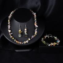 Crystal and Pebble Necklace, Bracelet, Earrings Set - Irregular Stone Decorative Set for Women  X614 black