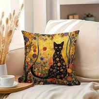 Klimt Style Black Cat Pillow Cover Floral Art Print Cushion Case Boho Vintage Home Decor Gift Peach skin 18*18(CM)-1Pcs yellow