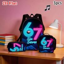 3pcs Neon Lights Number 67 Pattern Backpack Set Lightweight Large Capacity School Bag Travel Bag Shoulder Bag Pencil Bags Gift brown