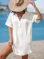 Women's White Crinkle Cotton V-Neck Beach Tunic Dress with Patch Pockets - Short Sleeve Summer Vacation Cover-Up S balta
