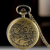 Retro Bronze Geometric Pattern Pocket Watch Quartz Chain Pendant Necklace Gift brown