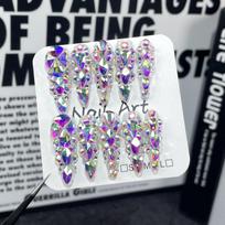 Handmade Press-On Nails Long Stiletto Shape Starry Sky Design Full Rhinestone Sparkle Gel-Like Finish Women Extra Small white