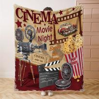 Movie Theater Elements Flannel Blanket - Popcorn & Retro Projector Print | Soft Comfortable Throw for Bed Sofa Office Camping Size: 75*100cm, Weight: 230 GSM brown