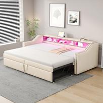 Apmušalas, ištraukiama sofa-lova 90/180 x 200 cm, daugiafunkcinė daiktadėžė, LED apšvietimas ir USB lizdas, su groteliniu rėmu, smėlio spalvos 214 x 102 x 74 cm smėlis