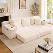 Velvetinis kompresinis sofa, aukštas atlošas, papildomos pagalvės, šoninės kišenės, puodelių laikikliai, galima sujungti į miegamąją sofą, minkštas paminkštinimas, smėlio spalvos 107.48 x 38.58 x 34.25 cm smėlis