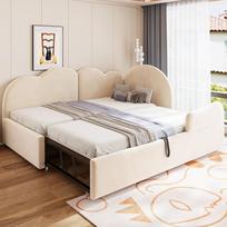 Pull-Out Sofa Bed in L-Shape (90*200+90*190), Cloud-Shaped Headboard, Velvet Beige, Space-Saving Design Can Be Used as a Children's Bed or Guest Bed 205.5 x 188.5 x 88 cm smėlis