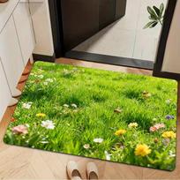 Lush Green Lawn Wildflower Bee Doormat Meadow Scene Print Non Slip Entry Floor Rug For Porch Kitchen Botanical Style Decor 40cm x 60cm yellow