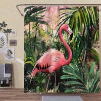 1 Tropical Flamingo Shower Curtain - Vibrant rainforest design, lush green leaves and pink flamingo pattern, durable curtain 90X180cm gray