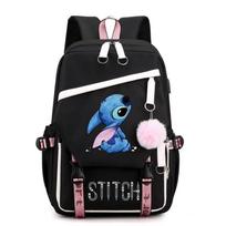 Stitch USB įkrovimo kuprinė, Lilo ir Stitch mokyklinė kuprinė, Lengva, atspari vandeniui, didelės talpos black and white