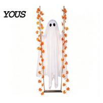 Lightweight Fabric Ghost Decor Halloween Hanging Swing Ghost, Light Up Outdoor Swinging with Maple Leaf LED Lights Vine And Remote Control for 1.2M white