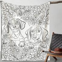 Coloring-Relief Hand-Painted Style Flannel Blanket, Dachshund Floral Pattern Adult Stress-Relief Throw Blanket, Skin-Friendly Soft and Comfortable Bla 75X95CM gray