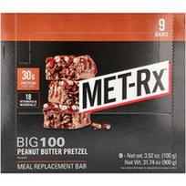 MET-Rx, Big 100, maisto pakaitalų batonėlis, žemės riešutų sviesto riestainis, 9 batonėliai, po 3.52 uncijos (100 g)