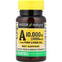 Mason Natural, Vitaminas A iš žuvų kepenų aliejaus, 3000 mcg (10 000 TV), 100 minkštųjų kapsulių