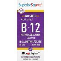 Superior Source, Aktyvuotas vitaminas B-12, metilkobalaminas, vitaminas B-6 (P-5-P) ir metilfolatas, 60 greitai tirpstančių „MicroLingual®“ tablečių