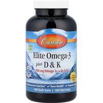 Carlson, Elite Omega-3 Plus D ir K, natūralios citrinos spalvos, 180 minkštųjų kapsulių