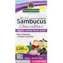 Nature's Answer, Vaikiški Sambucus kramtomieji, juodasis šeivamedis + vitaminas-C ir cinkas, 45 kramtomosios tabletės