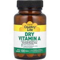 Country Life, Sausas vitaminas A, 3 000 mcg (10 000 TV), 100 tablečių