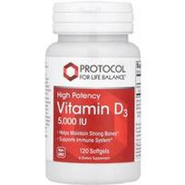 Protocol for Life Balance, Vitaminas D3, didelės koncentracijos, 125 mcg (5000 TV), 120 minkštųjų kapsulių