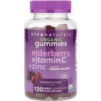 Viva Naturals, Ekologiškos šeivamedžio uogos, vitaminas C + cinko guminukai, aviečių skubėjimas, 120 guminukų