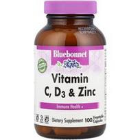 Bluebonnet Nutrition, Vitaminas C, D3 ir cinkas, 100 daržovių kapsulių